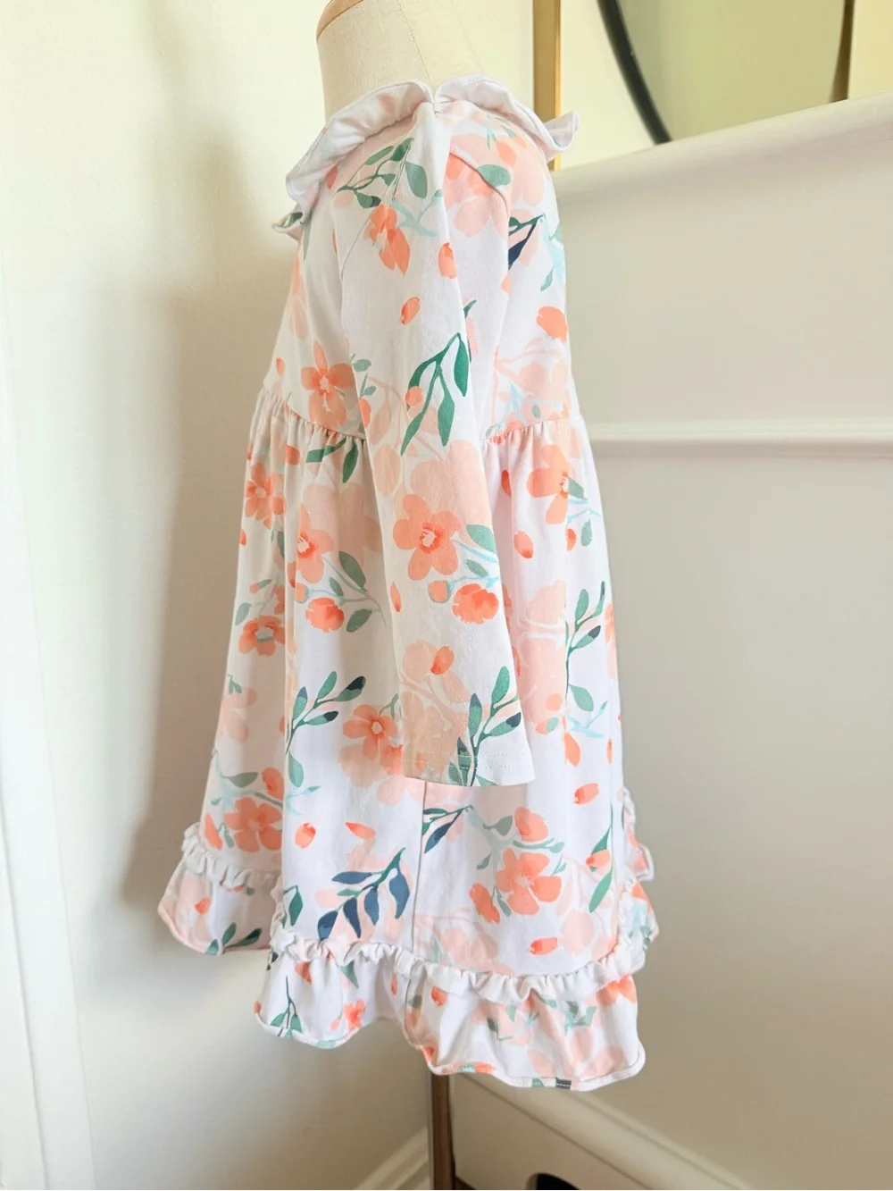 STITCHY-FISH Girls 3T Peach Floral Ruffle Collar Long Sleeve Dress